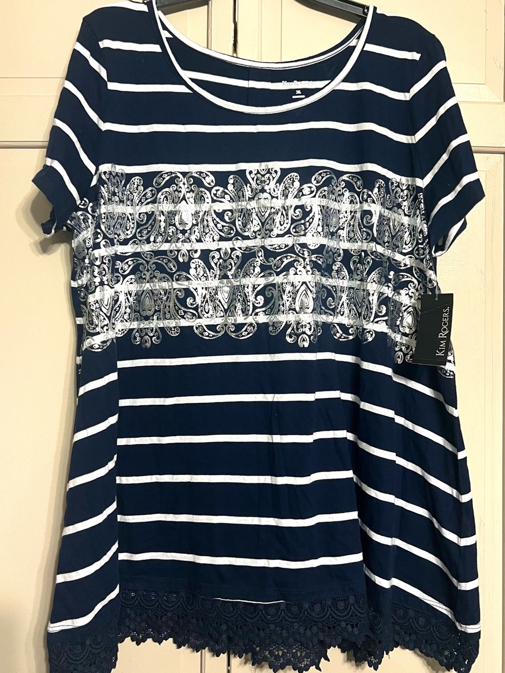 Kim Rogers Navy & White Striped Tunic with Lace Hem